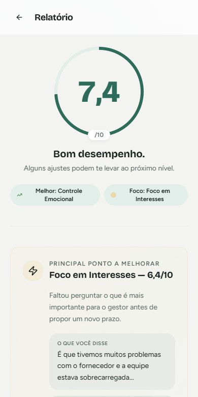 Tela real do app: relatório com nota de exemplo 7,4 e o principal ponto a melhorar